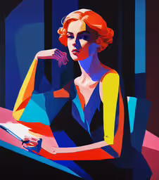 the lady is sitting at a table painting,a woman in orange and blue is looking at a book