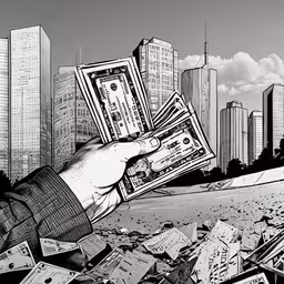 a person holding out a bunch of money in the air,a black and white image of a man