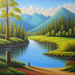 a painting of a stream running through a forest,this is a colorful painting of a stream in the mountains