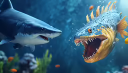 a big shark that is swimming with a very large one