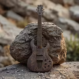 a wooden guitar is lying on the rock