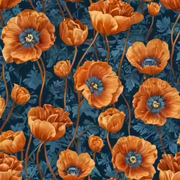 a pattern of bright orange poppies on a blue background