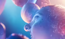 a young boy looks upward as he stares at something