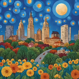 a painting of city street with tall buildings, flowers and the moon