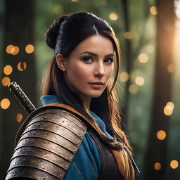 woman dressed in cosplay, posing in front of some lights