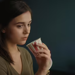 a woman looking at her coffee cup
