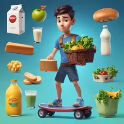 this is a photograph of a little kid standing on a skateboard,a boy on a skateboard with a basket and a few vegetables on the board