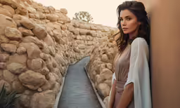 a beautiful woman standing against a wall in front of a stone wall