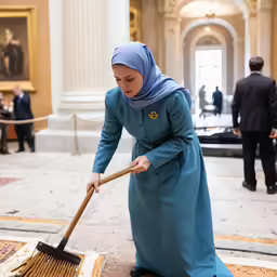 a woman in a blue gown is sweeping the floor