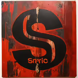 an abstract painting with the words sntfc and an image of the letter s on it