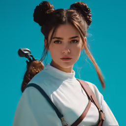 a model with large buns on her hair holding a scherzer gun