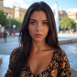 a woman with big breast looking into the camera