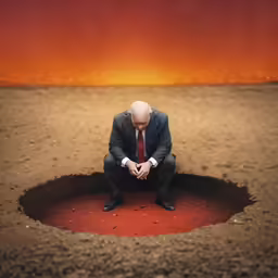 man in business attire sitting on a ground with his hands in his eyes