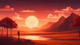 the painting depicts a sunset near a lake,an image of man standing in the middle of a field