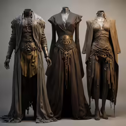 three different male fashion clothes, one in grey and one in brown