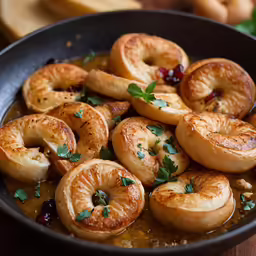 some fried donuts in a dish with a couple little toppings