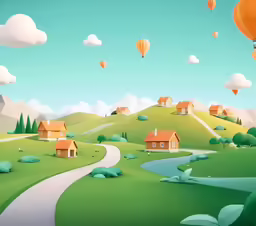 a drawing of houses and hot air balloons flying through the sky