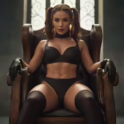 the girl sits in an armchair in her underwear