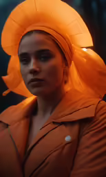 a woman wearing a bright orange umbrella hat