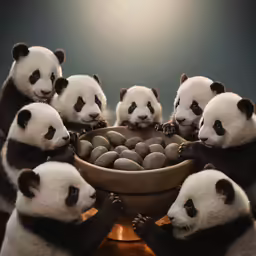 several pandas are in a golden bowl filled with eggs