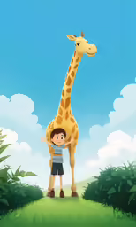 a boy holding a giant giraffe on top of a lush green field
