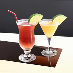 two cocktail glasses with fruit and a drink