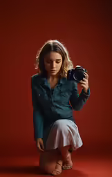 a woman holding a camera while kneeling on a chair