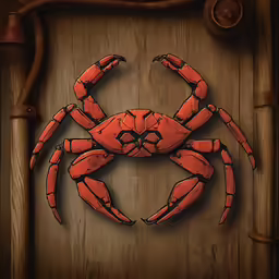 a red crab is sitting on a wooden board