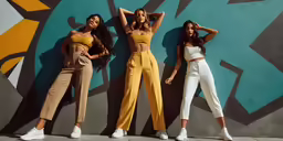 the models are posing in front of a wall