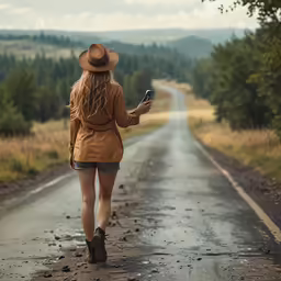 woman in hat walking down the road with her cell phone