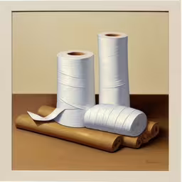 a painting of three rolls of yarn on a table,two rolls of white yarn sitting on a table,three roll of tape are next to each other,an artwork depicting two white balls of yarn and toilet paper on a table,the painting shows two rolls of white yarn, on wood