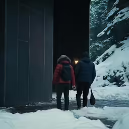 a man and woman standing on the sidewalk while looking out the door