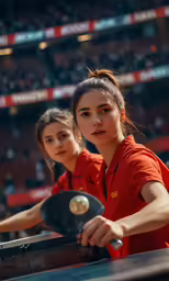 two women in red shirts are playing ping pong