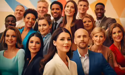 a group of people are standing together in front of a sunburst background