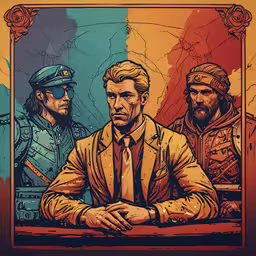 a painting with three men in military gear,the three men are wearing suits and ties