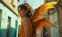 a young woman dressed in a costume and with an orange bird wings