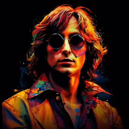 a painting of john lennon in sunglasses against a dark background