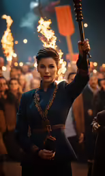 a woman standing on top of a stage holding onto an torches stick