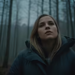 the woman is in the woods wearing a blue jacket