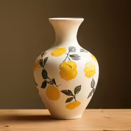 a ceramic vase painted with lemons on it