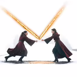 two people in long coats and capes are holding hands over a firework