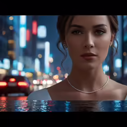 a beautiful woman is standing by a pool of water