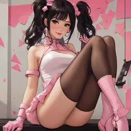 a girl is in stockings with boots on