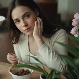 a woman sitting at a table eating food and talking on her phone