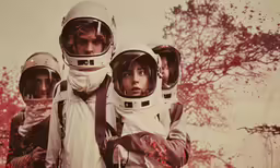 two men in spacesuits looking surprised with trees in the background