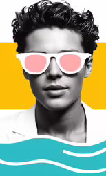 a woman with pink glasses in front of a yellow and blue background
