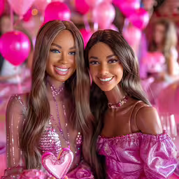 two barbie dolls sitting next to each other at a party,two barbie dolls on a pink table with pink balloons
