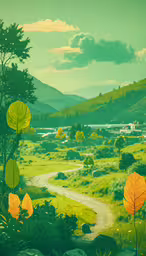 a small rural village is in the distance, with trees, and hills,a painting of green and yellow trees in a lush green field