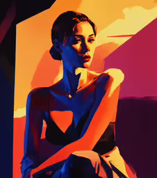 the colorful image shows the woman wearing a black dress,a girl sitting down wearing a necklace and black dress