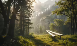 an empty bench is sitting alone in a forest